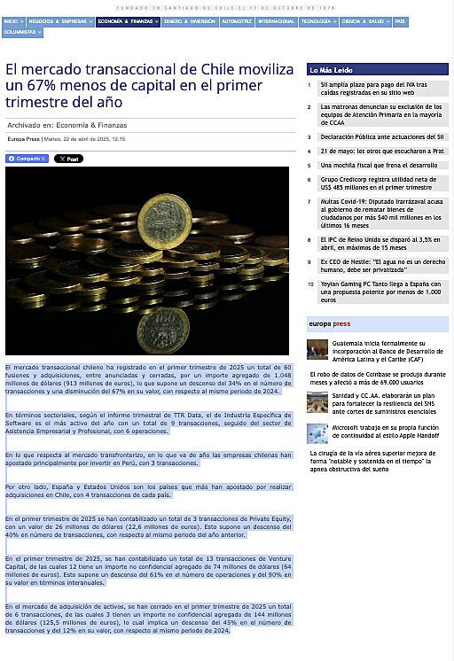 El mercado transaccional de Chile moviliza un 67% menos de capital en el primer trimestre del ao